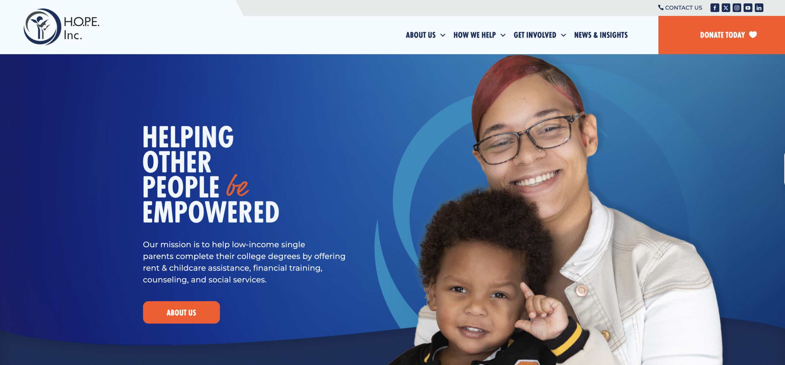 <div class="fusion-image-element ">Helping Other People Be Empowered (H.O.P.E. Inc.) Our mission is to help low-income single parents complete their college degrees by offering rent & childcare assistance, financial training, counseling, and social services.</div>
<div></div>
<div>Please consider helping make a difference in someone’s life. Support can change a family’s future.</div>
